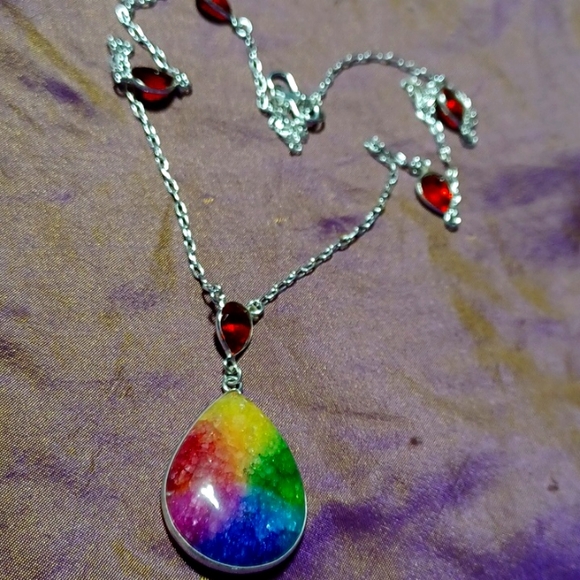 Rainbow solar quartz agate garnet silver pendant handmade red 🌈 🏳️‍🌈 necklace - Picture 4 of 7